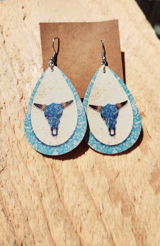 Imitation Leather Teardrop Earrings- Turquoise Cattle Skull