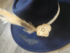 Navy Pampas and Feather burned hat