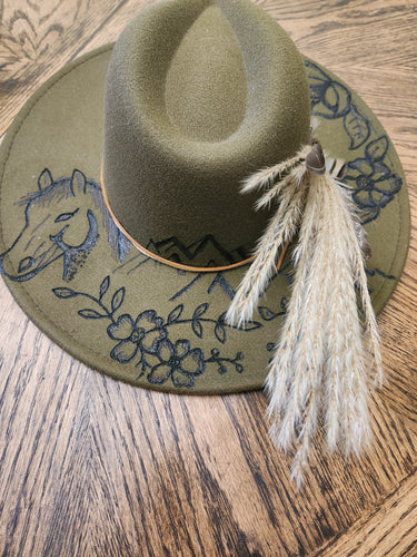 Olive Green Hat - Mountain, Floral and Horse