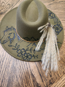 Olive Green Hat - Mountain, Floral and Horse