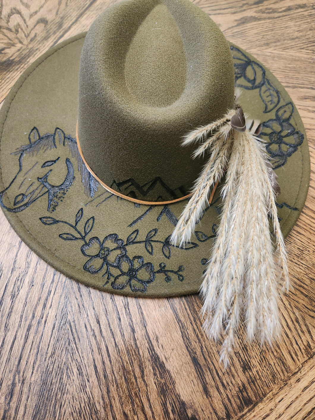 Olive Green Hat - Mountain, Floral and Horse