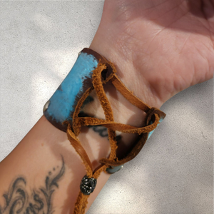 Hand painted leather cuff - Cactus and Mountains