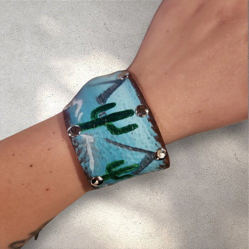 Hand painted leather cuff - Cactus and Mountains