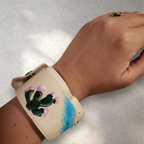hand painted leather cuff - cactus
