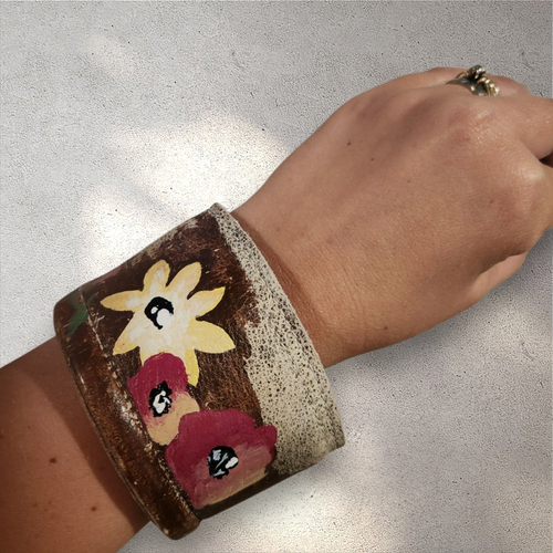 Leather Floral Cuff - Handpainted, snap closure
