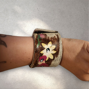 Leather Floral Cuff - Handpainted, snap closure