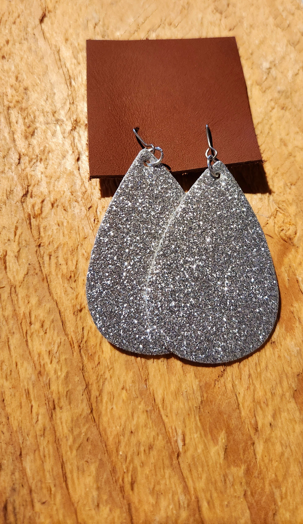Imitation Leather Teardrop Earrings- Silver Glitter