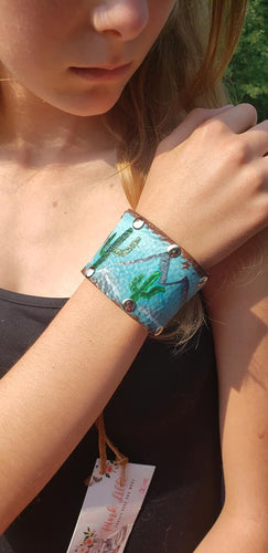 Hand painted leather cuff - Cactus and Mountains