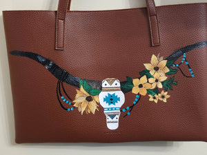 Hand Painted Bull Skull -  faux leather tote